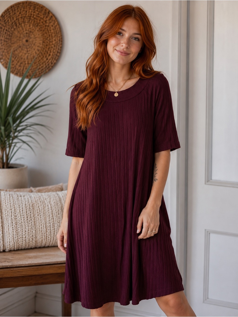 #231 Allison Brittney Maroon Ribbed Knit Swing Dress XL 3/4 Sleeve